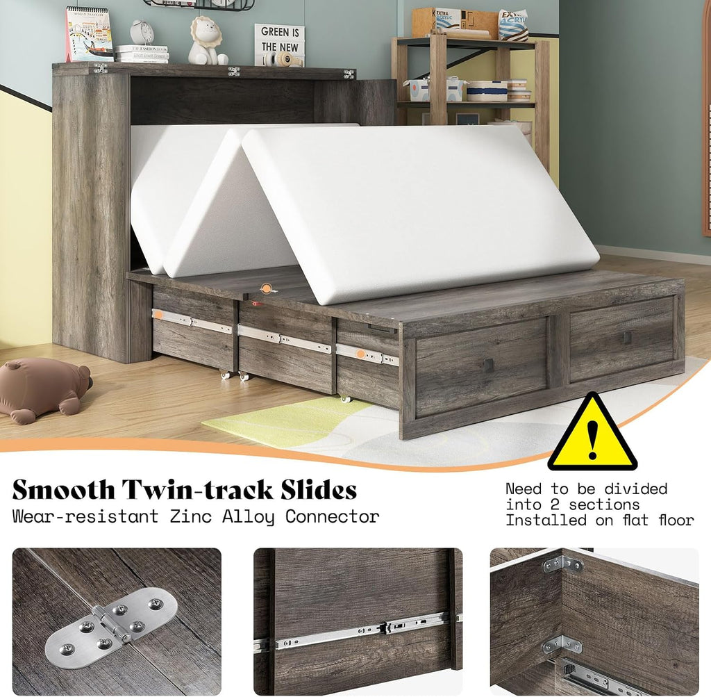 AMERLIFE Full Murphy Bed with Storage & Charging Station, Farmhouse Murphy Cabinet with Foldable Panel, Noisy Free, for Guest Bedroom, Living Room, Office, Rustic Grey