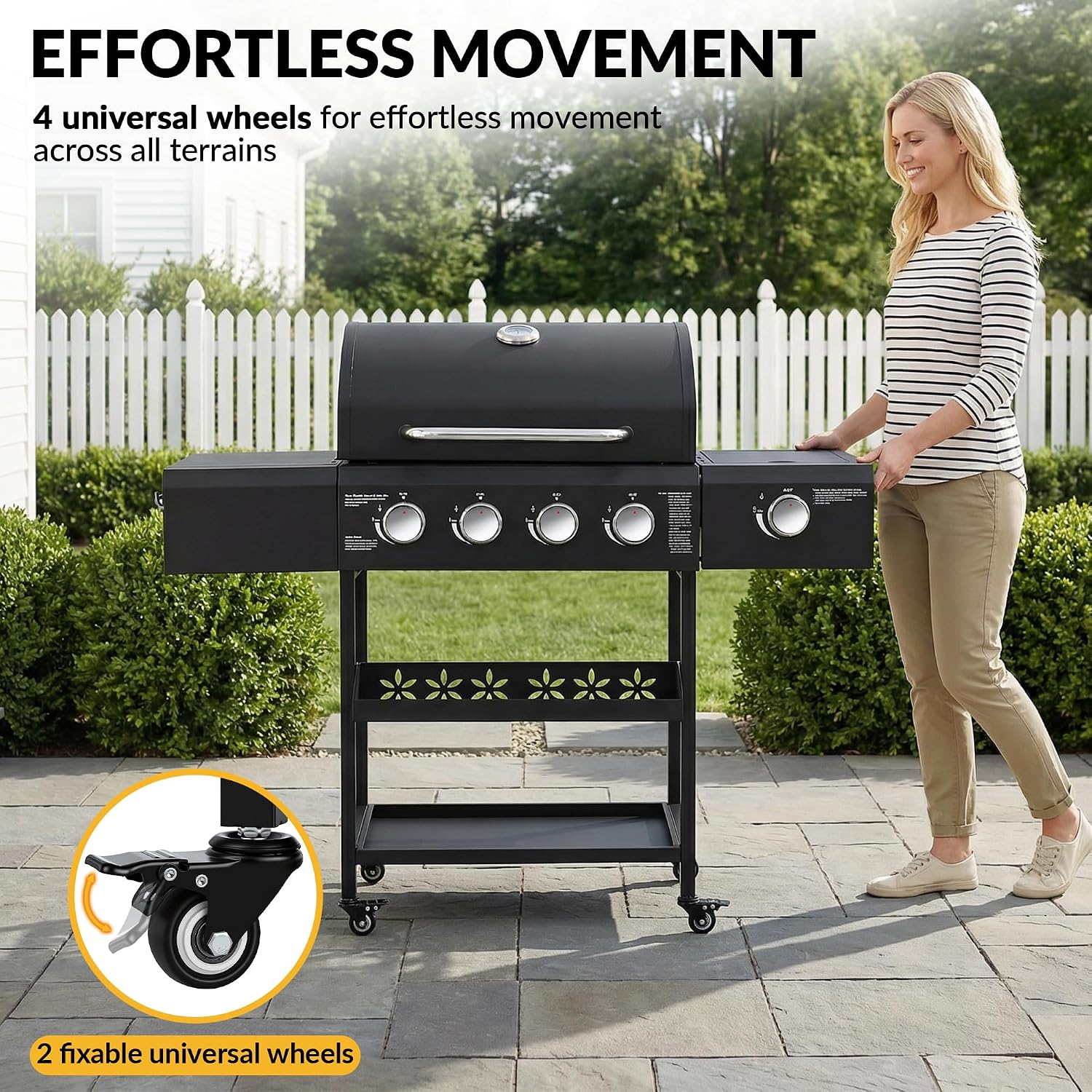 4-Burner Propane Gas BBQ Grill with Side Burner, 50000 BTU Outdoor Grill with Stainless Steel Grates, Side Tables & Spice Rack, Rolling with Wheels for Backyard, Patio & Outdoor Cooking