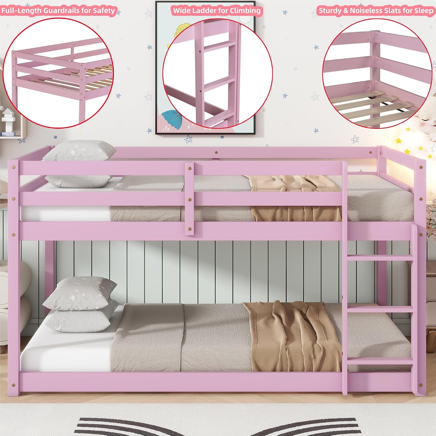 Bunk Bed Twin Over Twin, Floor Bunk Bed with Ladder, Safety Guard Rails, Heavy Duty Wooden Twin Bunk Beds Frame Low Bunkbeds No Box Spring Required, Pink