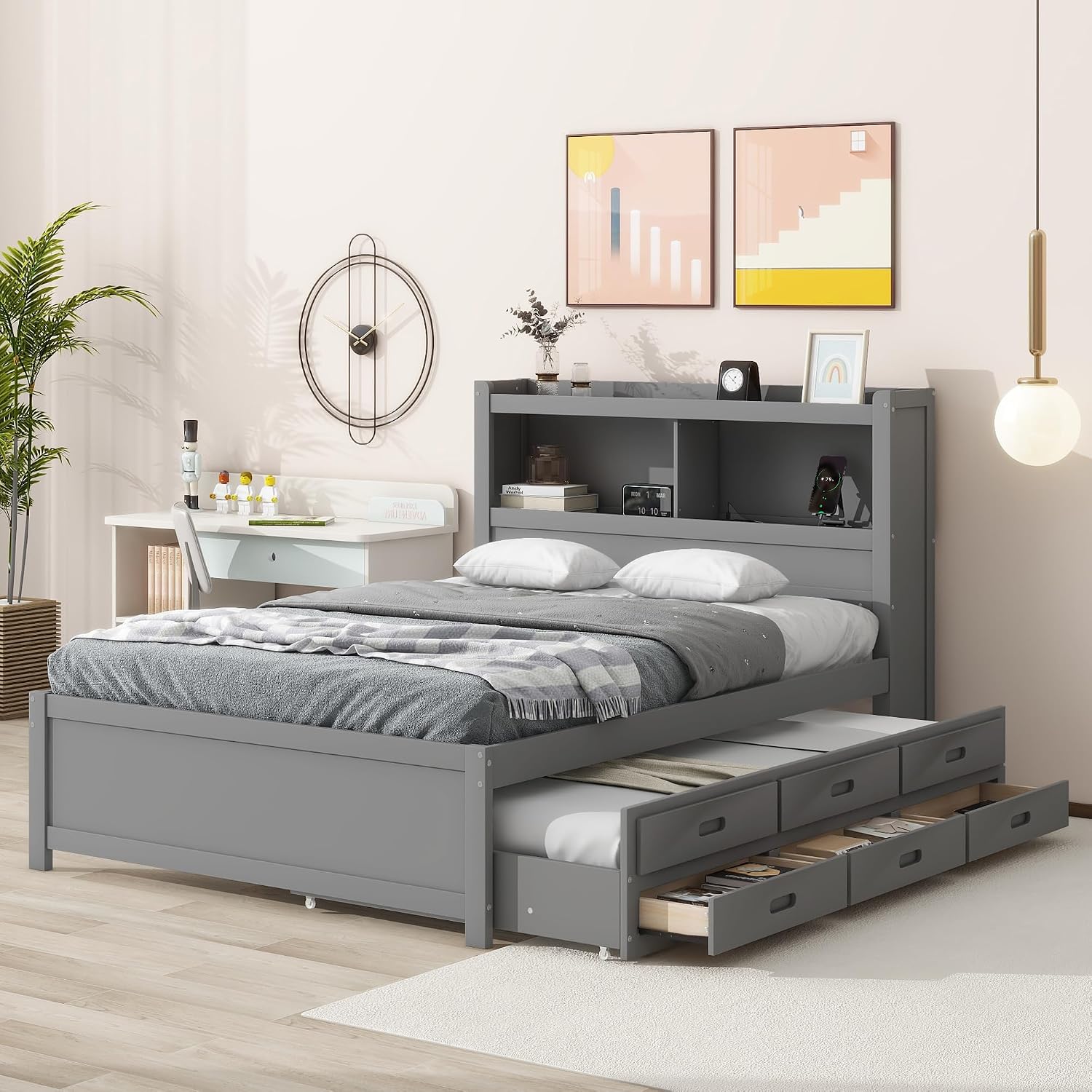 SOFTSEA Full Size Bed Frame with Storage Headboard Wood Platform Bed with Trundle and USB Plugs