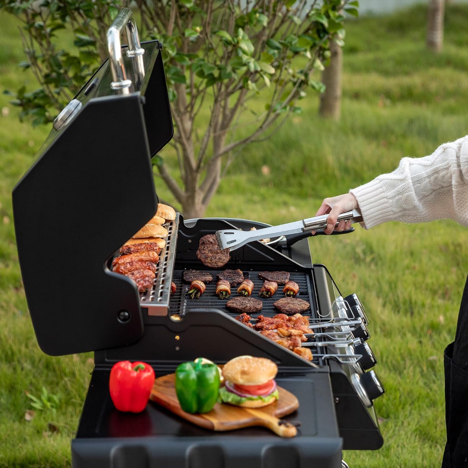 SG5003H 4-Burner Gas Grill with Lidded Side Burner, Cabinet Style Propane Gas Grill, 49,000 BTU Output for Outdoor Patio Garden Picnic Backyard Cooking, Black