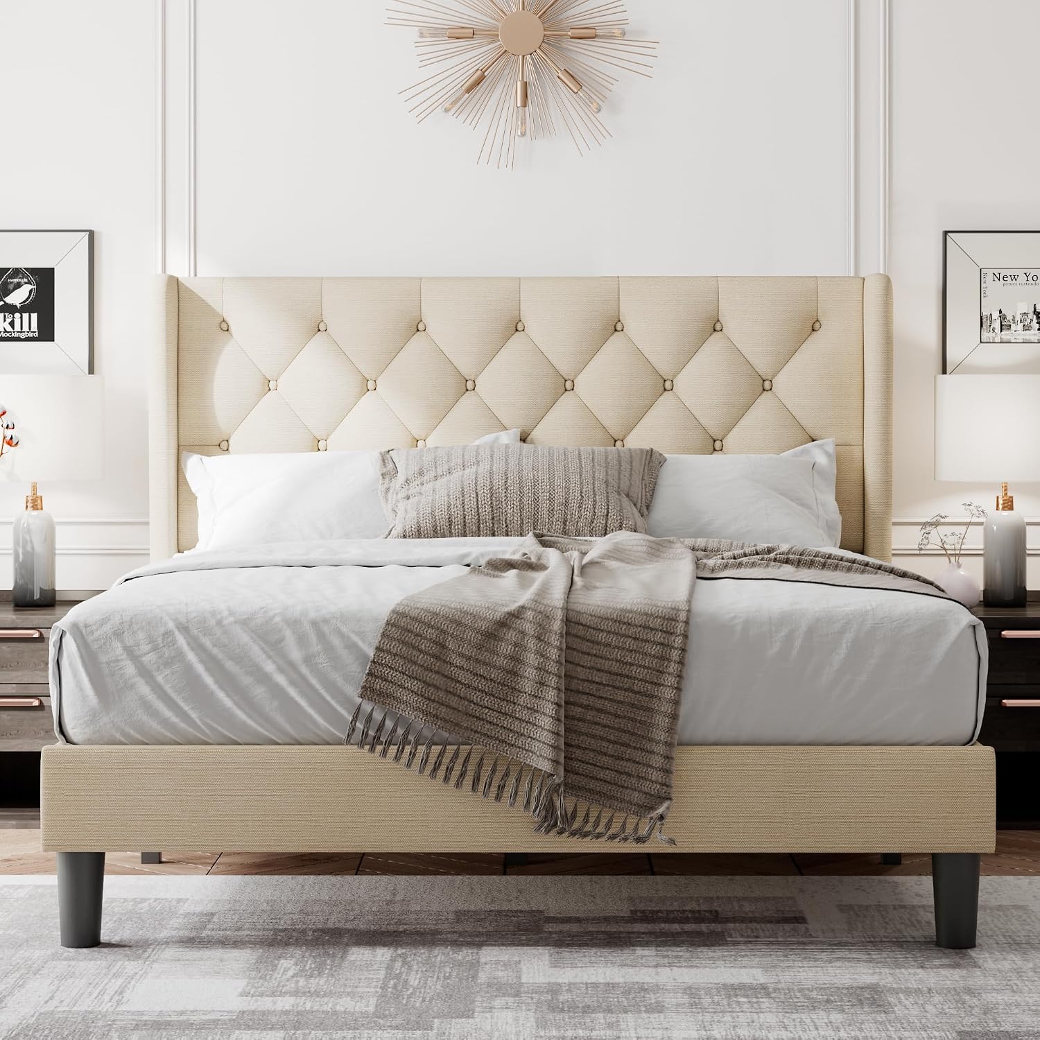 Feonase Full Size Bed Frame with Upholstered Wingback Headboard, Platform Bed and Heavy Duty Wooden Slats Support, Easy Assembly, Noise-Free, No Box Spring Needed, Beige