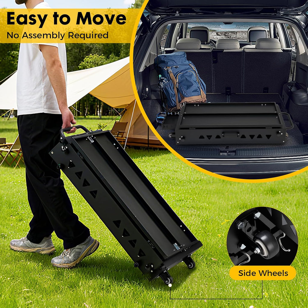 Portable Outdoor Grill Table with Wheels, Heavy-Duty Steel Prep Table, Folding Griddle Stand with Shelves, Bottle Opener, No Assembly Required, for BBQ, Pizza Oven, Patio