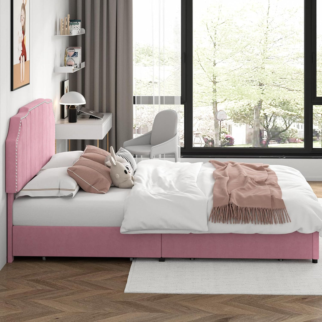 VECELO Queen Bed Frame with 4 Storage Drawers & Upholstered Platform &Tufted Adjustable Headboard/Mattress Foundation/Wood Slat Support,Easy Assembly,Pink
