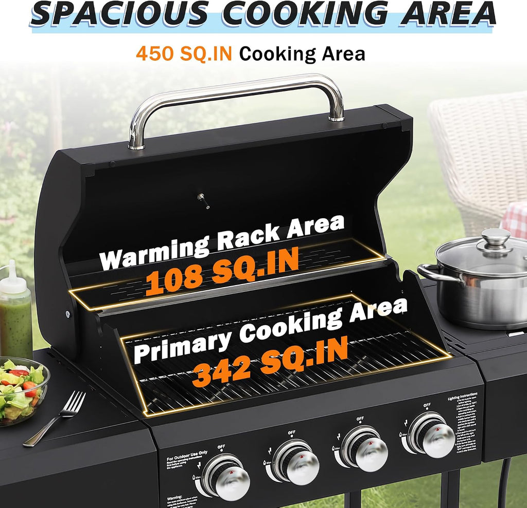 TITIMO 4 Burner Propane Gas Grill with Side Burner and Stainless Steel Grates, Portable Barbecue Grill with Side Table and Spice Rack, Outdoor Gas BBQ with Thermometer for Patio and Party, 50,000 BTU