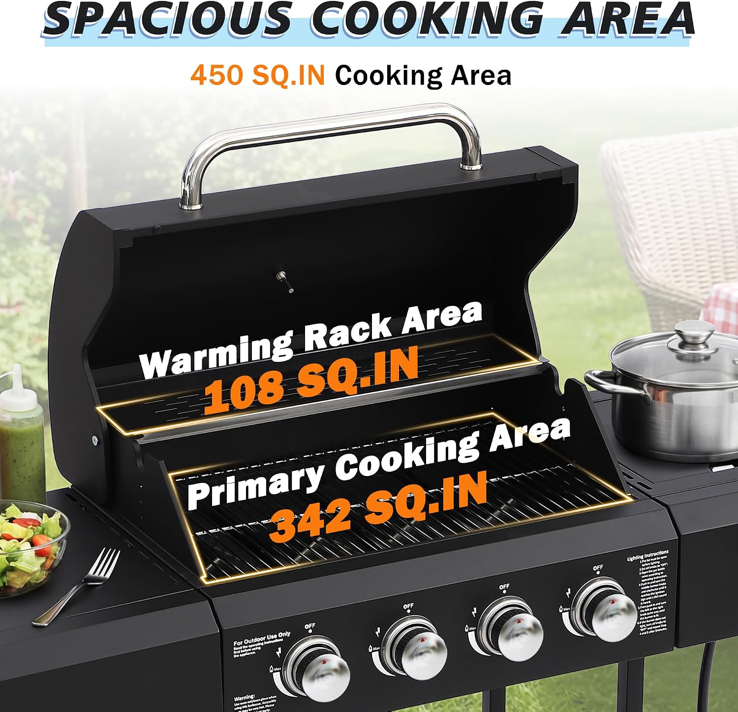 TITIMO 4 Burner Propane Gas Grill with Side Burner and Stainless Steel Grates, Portable Barbecue Grill with Side Table and Spice Rack, Outdoor Gas BBQ with Thermometer for Patio and Party, 50,000 BTU