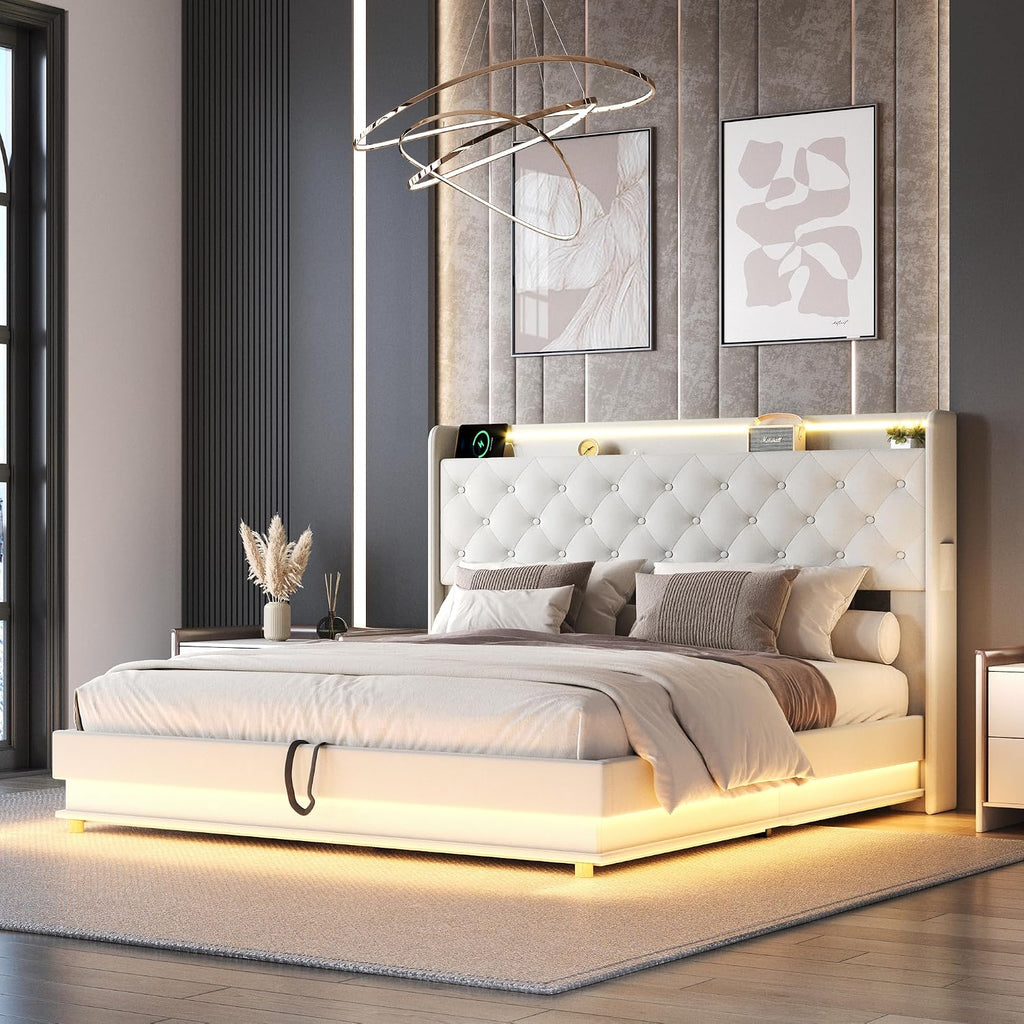 Ailisite Queen Size Lift Up Storage Bed, Upholstered Platform Bed with Button Tufted Wingback Storage Headboard, Bed Frame Queen Size with Led Lights and Charging Station, No Box Spring Needed, Beige