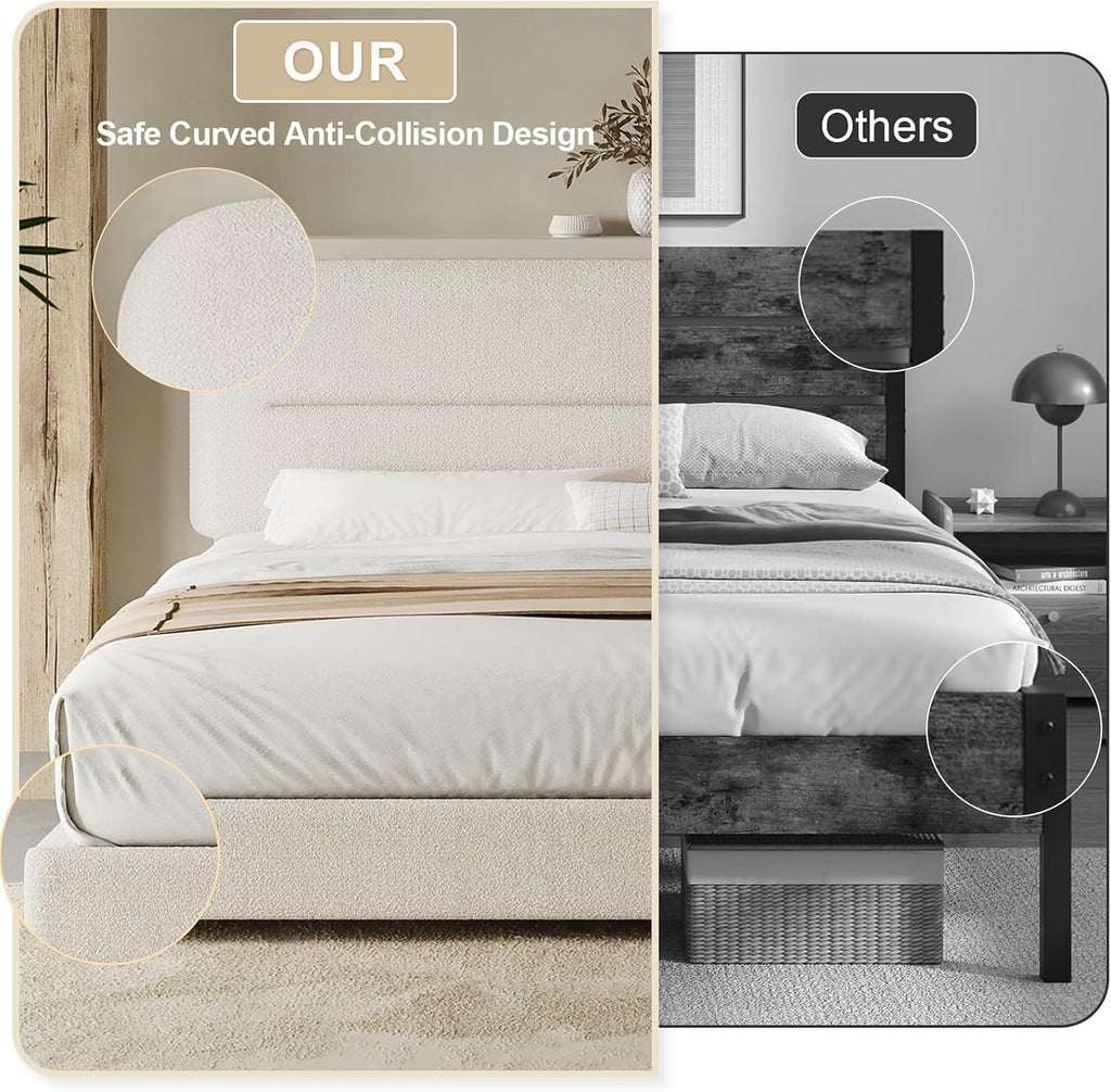 HOMBCK Twin Bed Frames with Headboard, Twin Size Boucle Upholstered Bed Frame for Kids, Soft Rounded Corners, Wooden Slats Support, No Box Spring Required, Easy Assembly, Cream