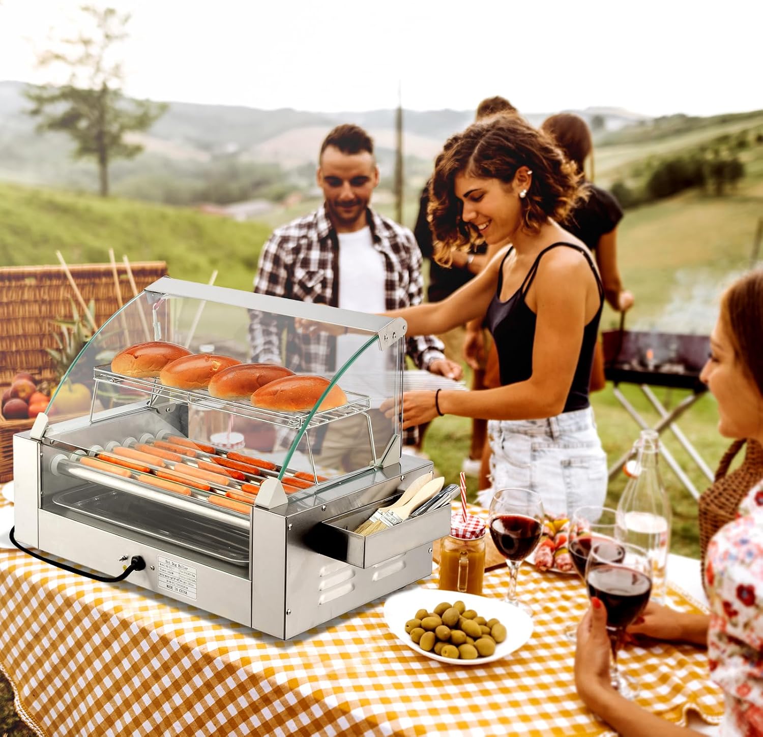 ROVSUN Hot Dog Roller, 18 Hot Dog 7 Rollers ETL Certified, Hot Dog Machine Sausage Grill Cooker with Dual Temp Control, Glass Cover, LED, Side Storage Box, Shelf & Drip Tray for Home Commercial 1050W