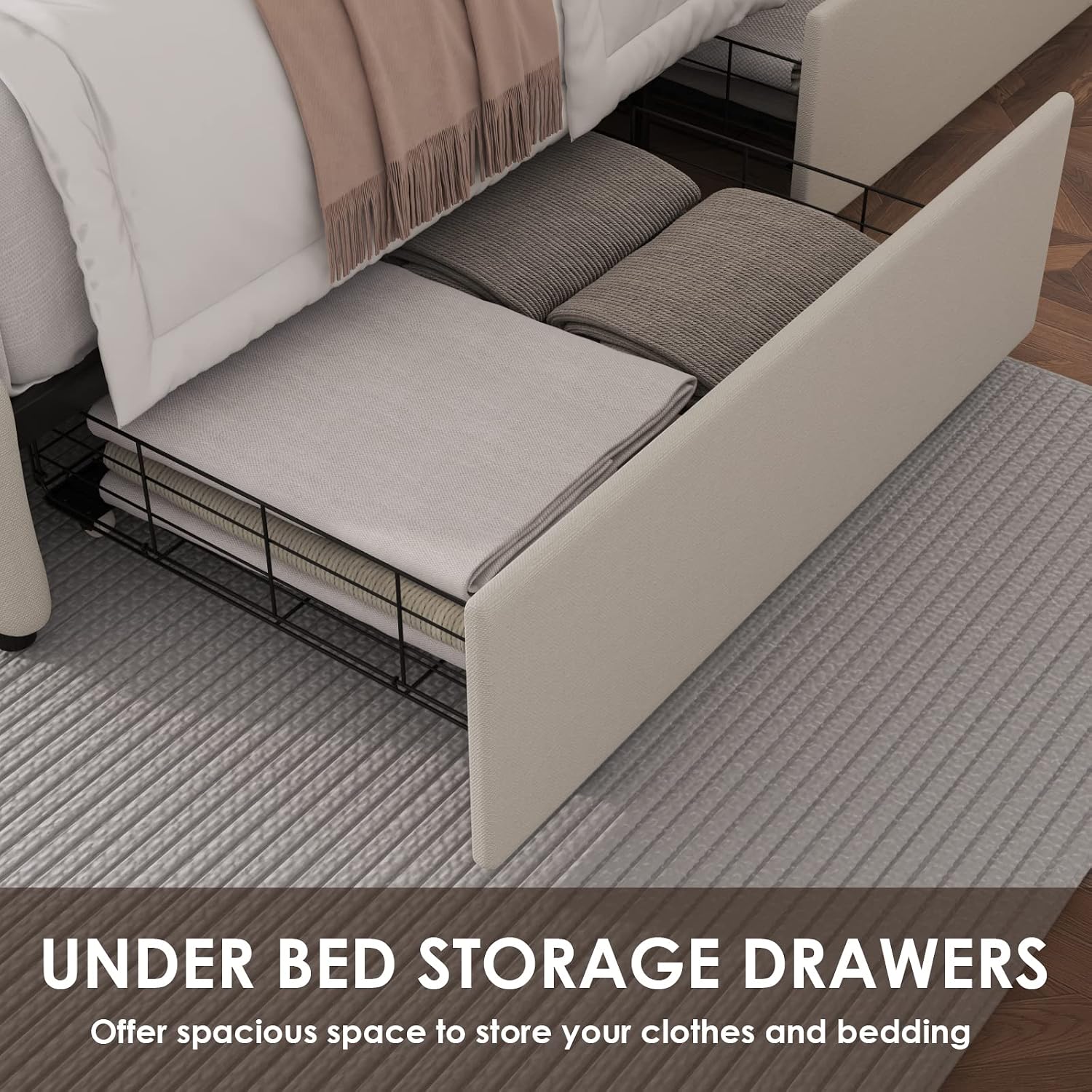 TTVIEW Queen Bed Frame with 4 Storage Drawers and Adjustable Headboard, Upholstered Platform Bed with Button Tufted Design, Strong Wooden Slats Support, No Box Spring Needed, Fabric, Cream