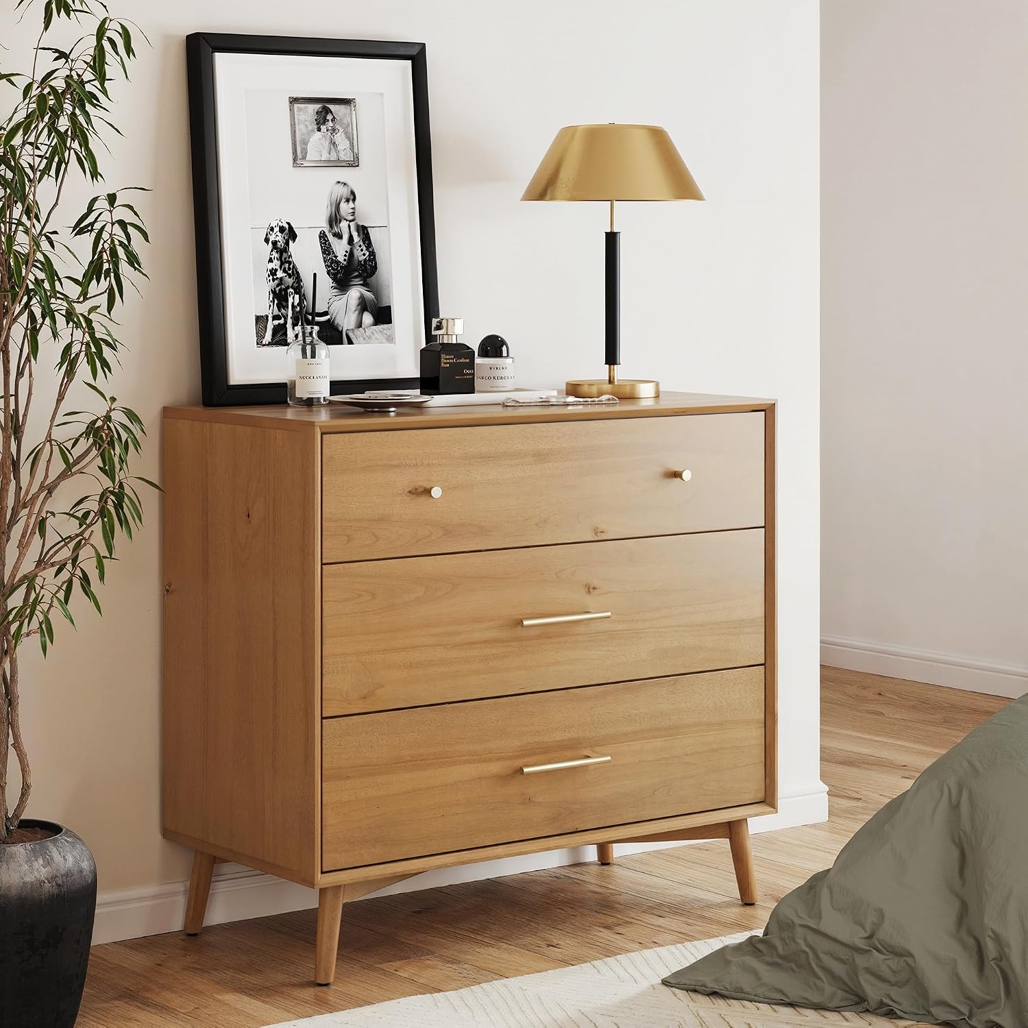 Nathan James Harper Mid Century Modern Dresser, Solid Wood Dresser for Living Room with 3 Drawers and Metal Drawer Pulls, Light Acacia