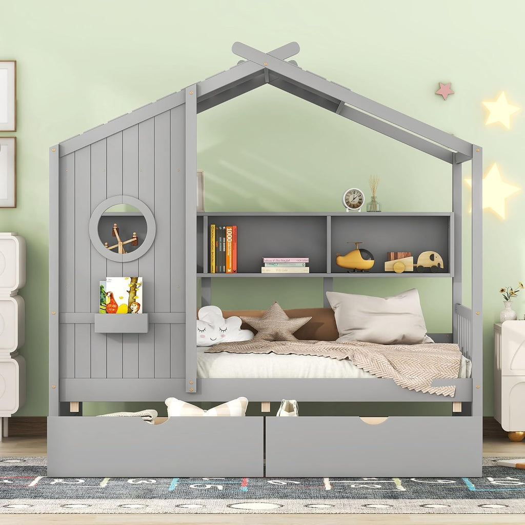 MERITLINE Twin Size Kids House Bed with 2 Drawers and Storage Shelf, Wooden Kids Montessori Bed Frame (Grey)