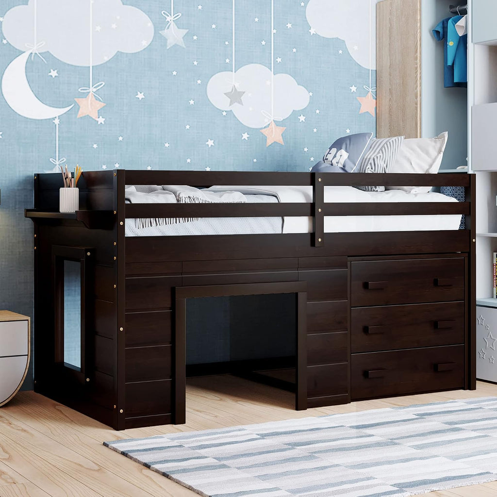 Ball & Cast Twin Size Low Loft Bed with Safety Guardrail & Stair,Wooden Bedframe W/Cabinet & Shelf,Solid Construction,No Spring Box Needed,Furniture Set for Boys Girls Keens Study Bedroom,Espresso