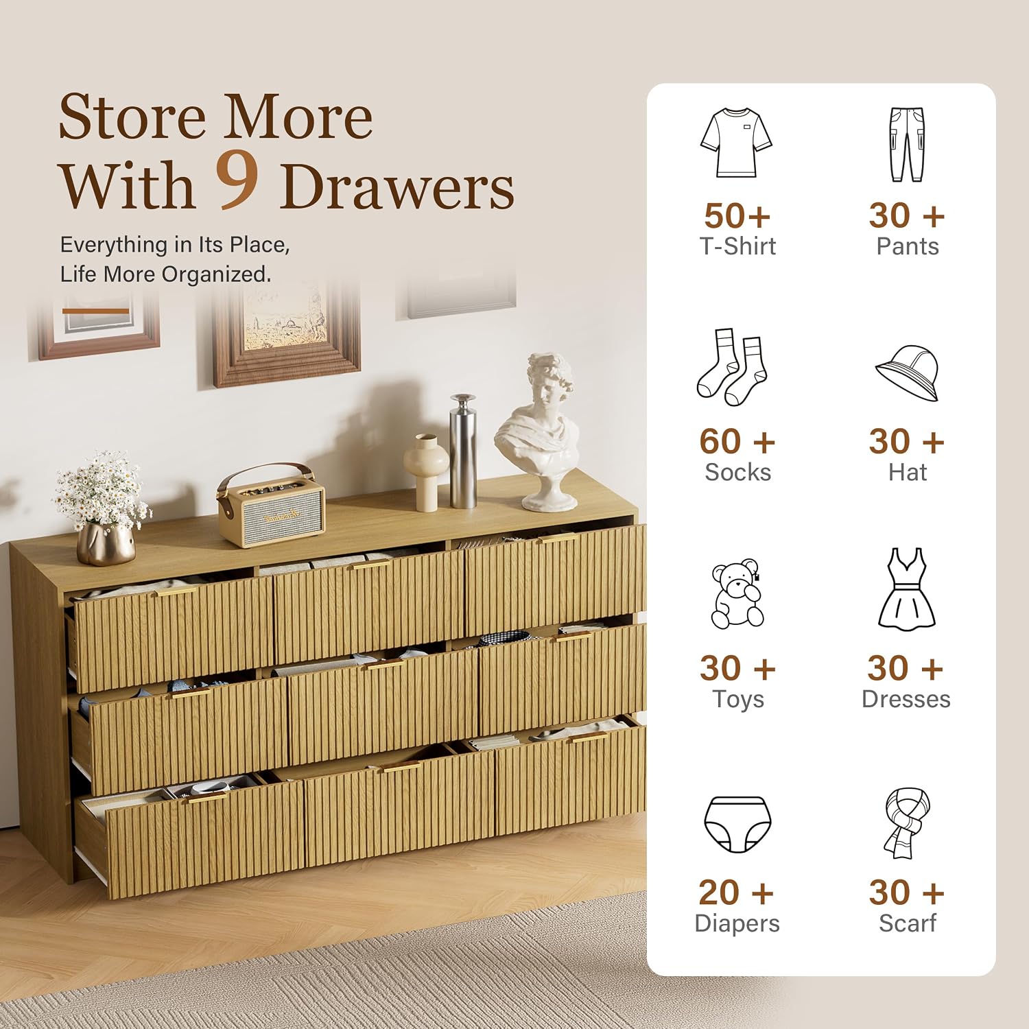 Furniway Mid Century Modern Dresser for Bedroom, 9 Drawer Wood Dresser with Fluted Front and Smooth Slides, 63' Wide Chest of Drawers, Natural Oak