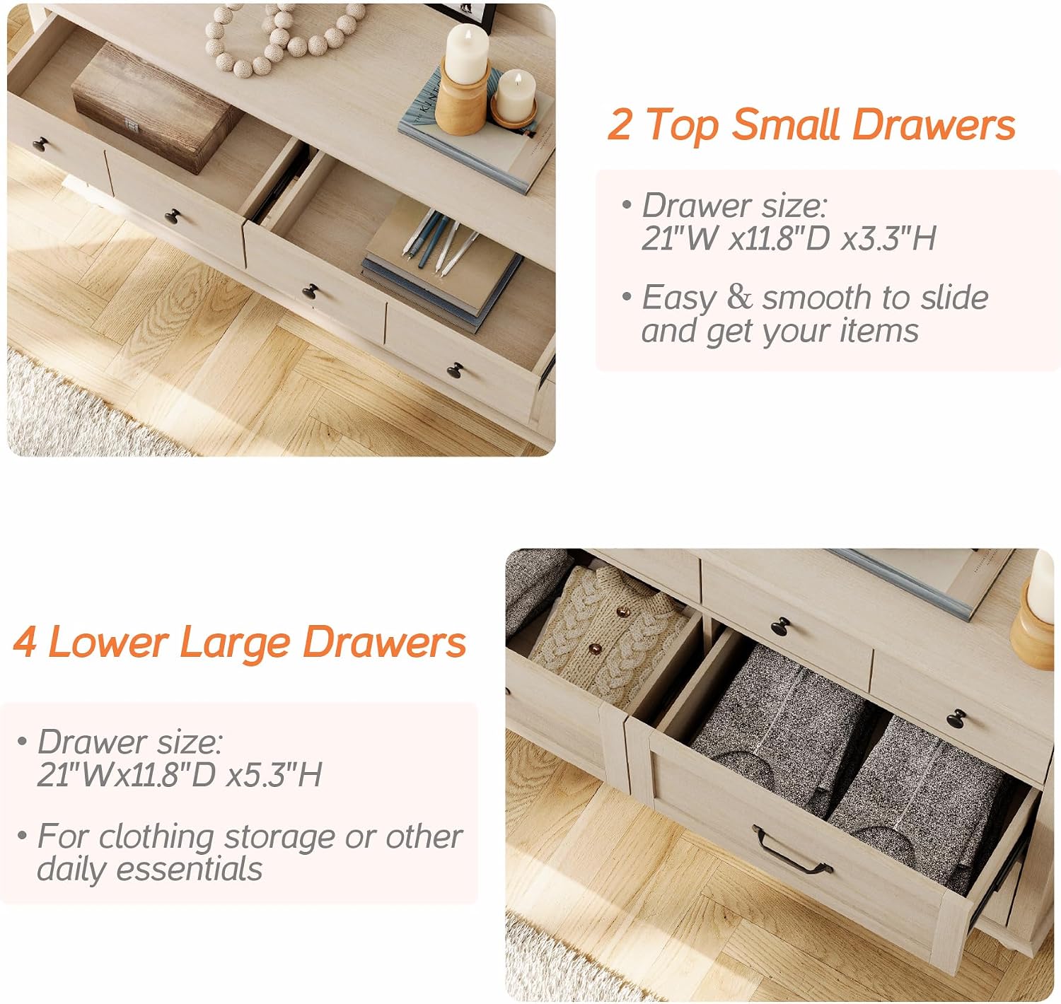 WAMPAT 2 Piece Bedroom Set - Includes 6 Drawer Dresser for Bedroom, Mid Century Nightstand with Charging Station & Drawers, 2 Piece Dresser and Nightstand Sets, Beige