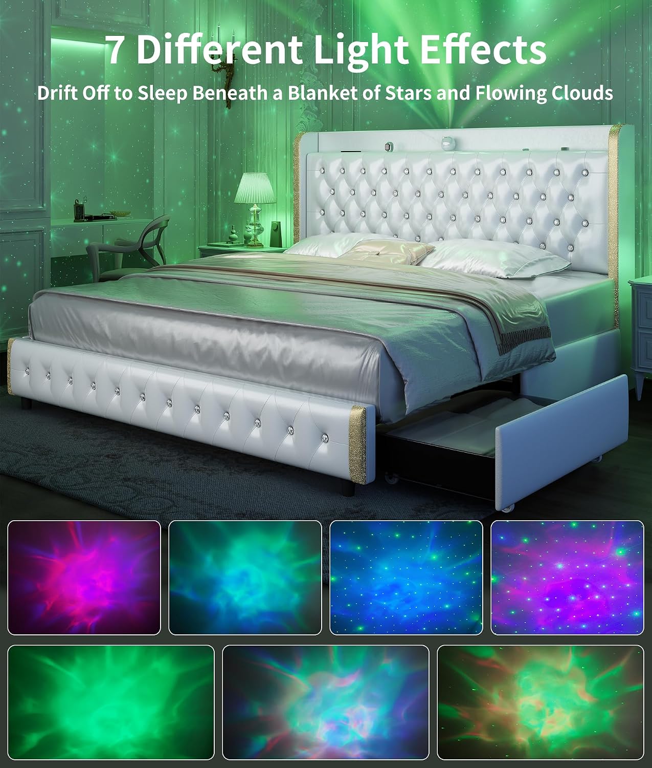 GEGOFORU King Bed Frame with LED Lights & Galaxy Projector, Modern Wingback Platform with 4 Storage Drawers, USB Ports, Noise-Free Solid Wood Slats, No Box Spring Needed, PU White