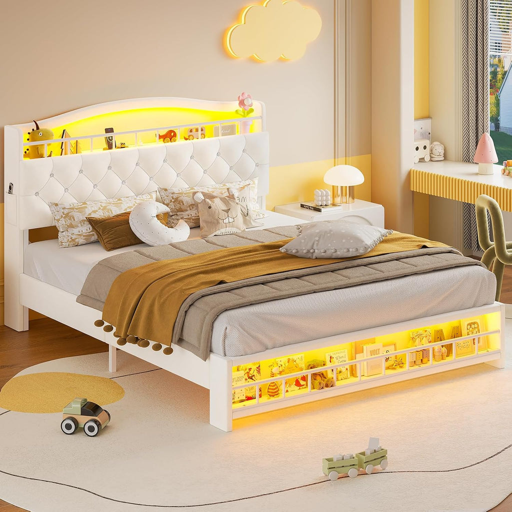 HAUOMS Full Bed Frame with LED Lights, Princess Velvet Upholstered Platform Bed for Girls, Headboard with Charging Station & Guardrail & Crystal Button, No Box Spring Needed, Beige
