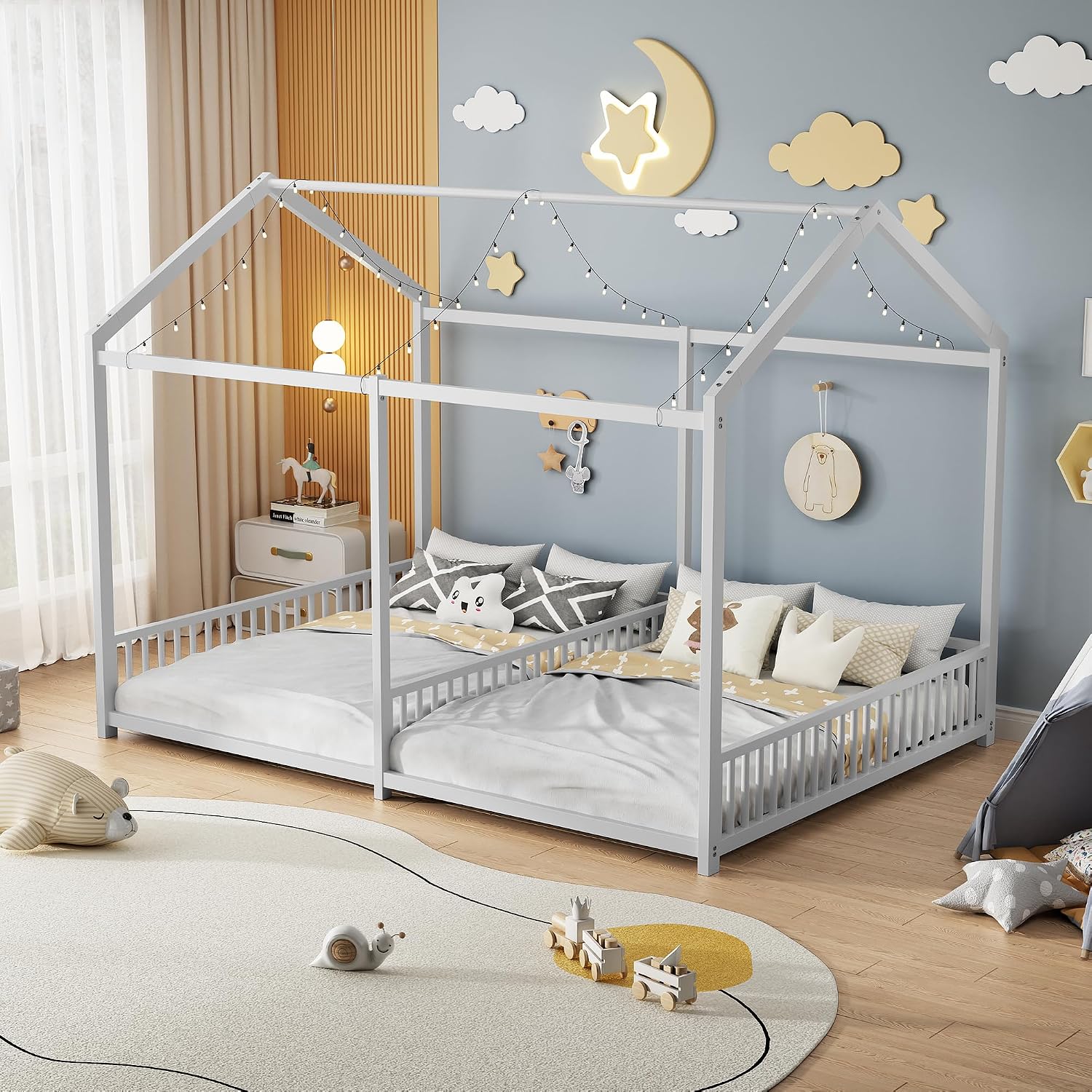PVWIIK Full Double Montessori Floor Bed with Fence & Roof for Two Kids Teens Boys Girls,Full Floor Bed,Easy Assemble,No Box Spring Needed, White