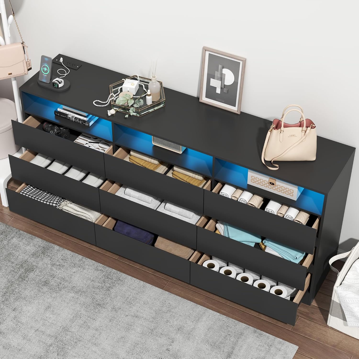 Gyfimoie 9 Drawer Double Dresser with Power Outlet, Accent Chests of Drawers with LED Light, Modern White Storage Dresser with Charging Station (Mirror Not Included) (9 Drawers-Black)