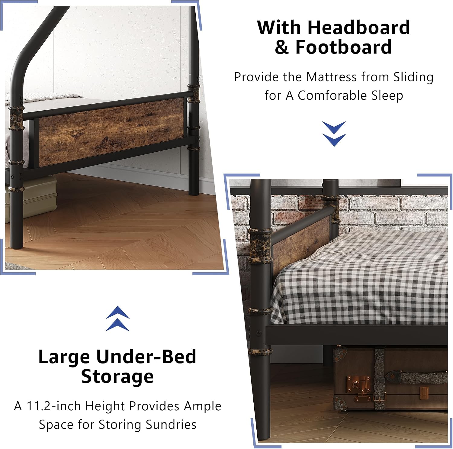 Jocoevol Metal Bunk Bed Twin Over Full, Industrial Bunkbeds Heavy Duty Bed with Safety Guard Rails and Space-Saving Design, Steel Bed for School, Bedroom (Vintage Brown)