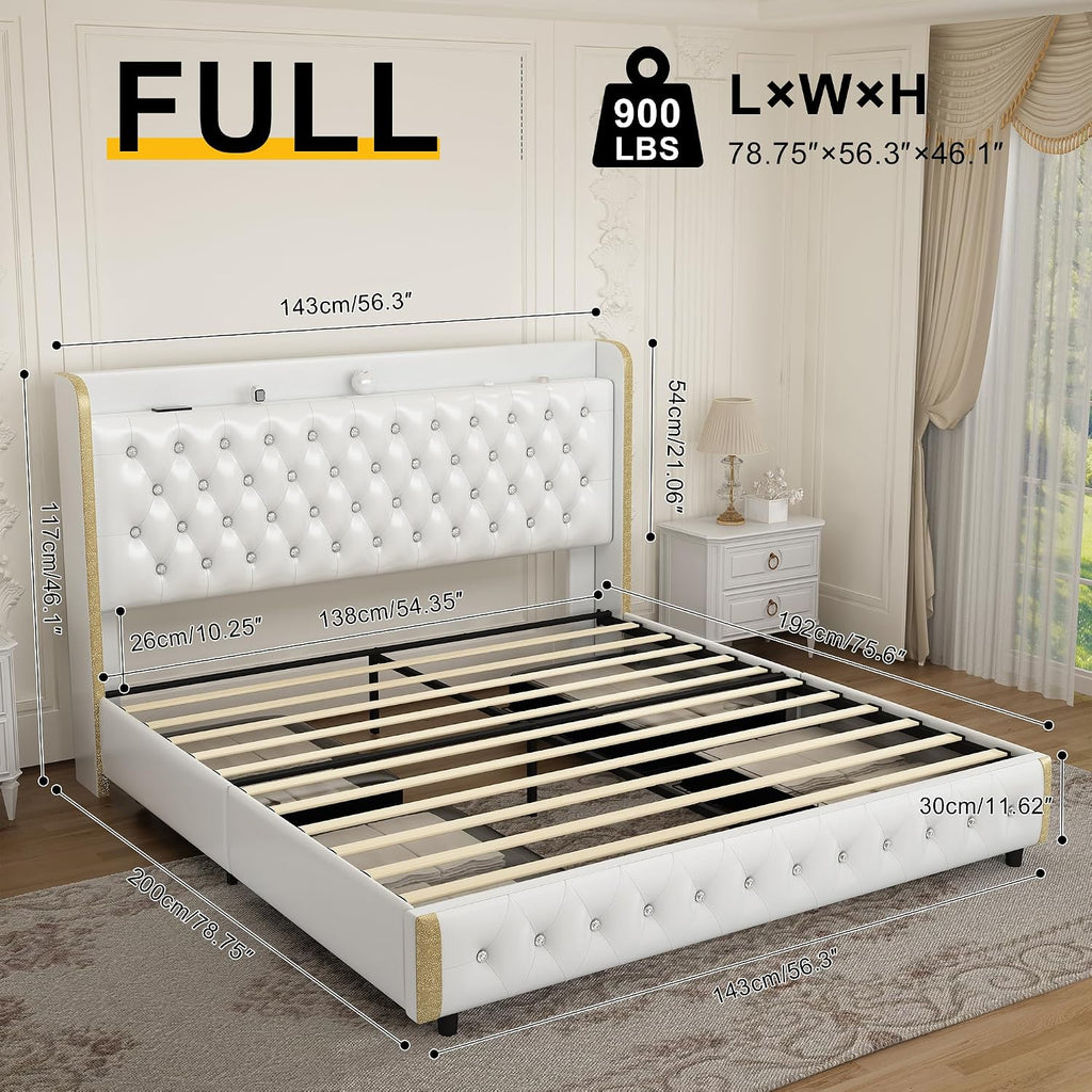 GEGOFORU Full Bed Frame with LED Lights & Galaxy Projector, Modern Wingback Platform with 4 Storage Drawers, USB Ports, Noise-Free Solid Wood Slats, No Box Spring Needed, PU White