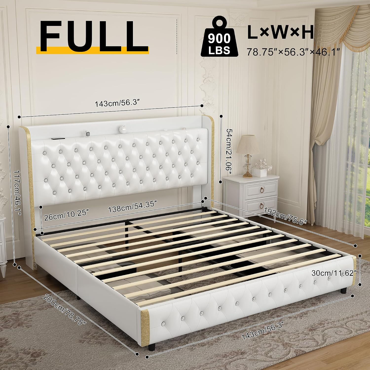 GEGOFORU Full Bed Frame with LED Lights & Galaxy Projector, Modern Wingback Platform with 4 Storage Drawers, USB Ports, Noise-Free Solid Wood Slats, No Box Spring Needed, PU White