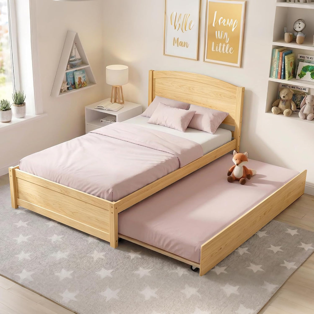 Xilingol Trundle Bed Twin, Solid Wood Beds Frames with Headboard and Wooden Slats Support, Twin Trundle Beds Frame Roll Out, Single Box Bed (No Box Spring Needed), Natural