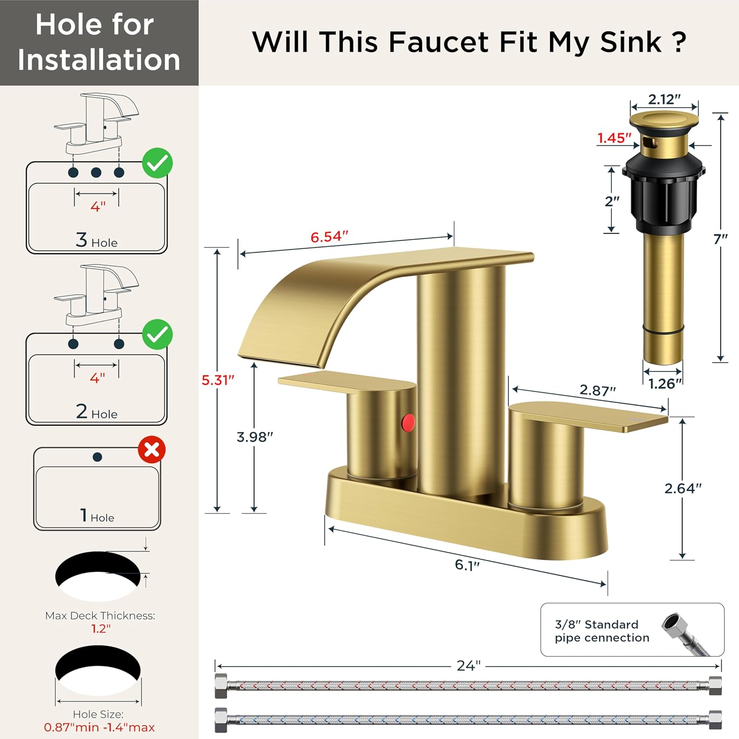 FORIOUS Brushed Gold Bathroom Sink Faucet, Waterfall 4 Inch Centerset Bathroom Faucets with Metal Pop up Drain and cUPC Hose for Basin, Vanity, RV, Lavatory 2 or 3 Hole Sink, 2 Pack