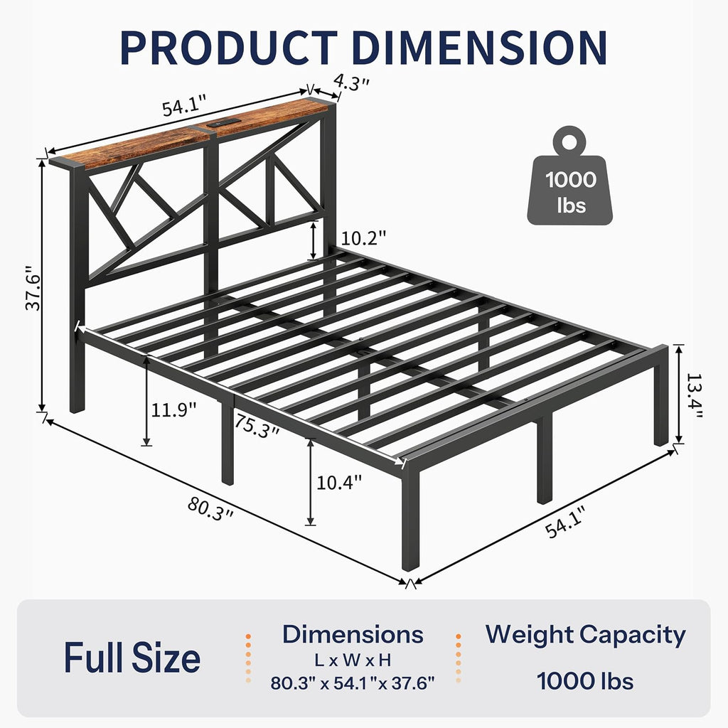DynJest Full Size Metal Bed Frame with LED Lights, Storage Headboard with Charging Station, Modern Full Platform Bed with Heavy Duty Supports, No Box Spring Needed, Noise Free, Easy Assembly, Black