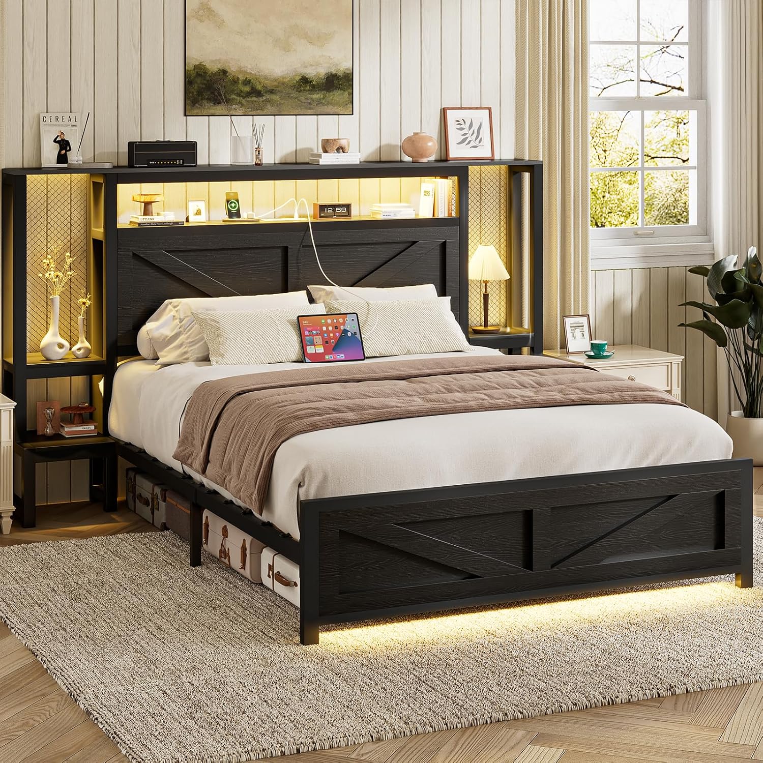 Full Size Rustic Bed Frame with Storage Born Door Headboard and Bedside Storage, Industrial Farmhouse Metal Platform Bed Frame with Charging Station and LED Lights, Black