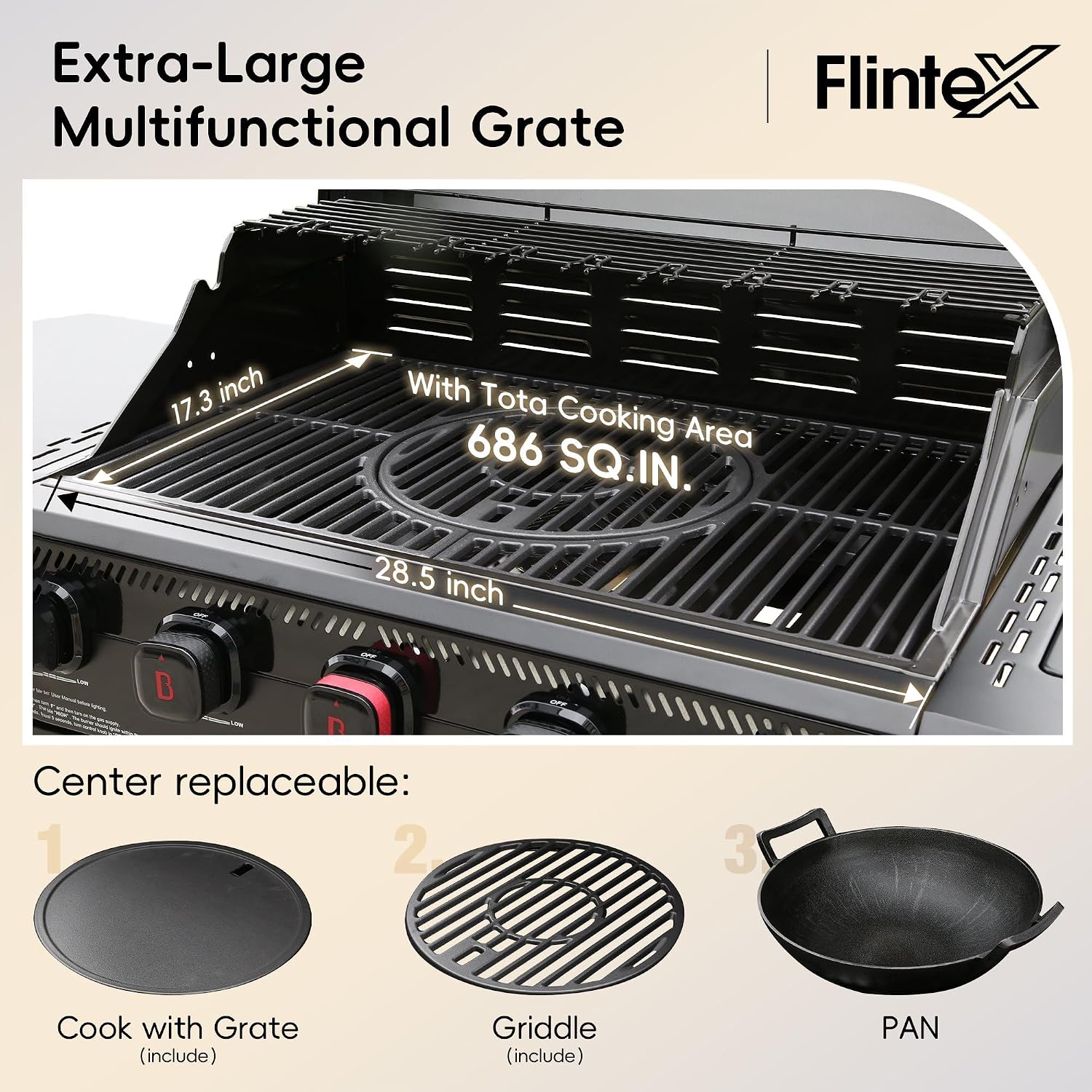 Flintex 5-Burner Propane/Natural Convertible Gas Grill with Infrared Searing Side Burner, Outdoor BBQ Grill with 60000 BTU Output,Enameled Cast Iron Grates & Griddle for Barbecue