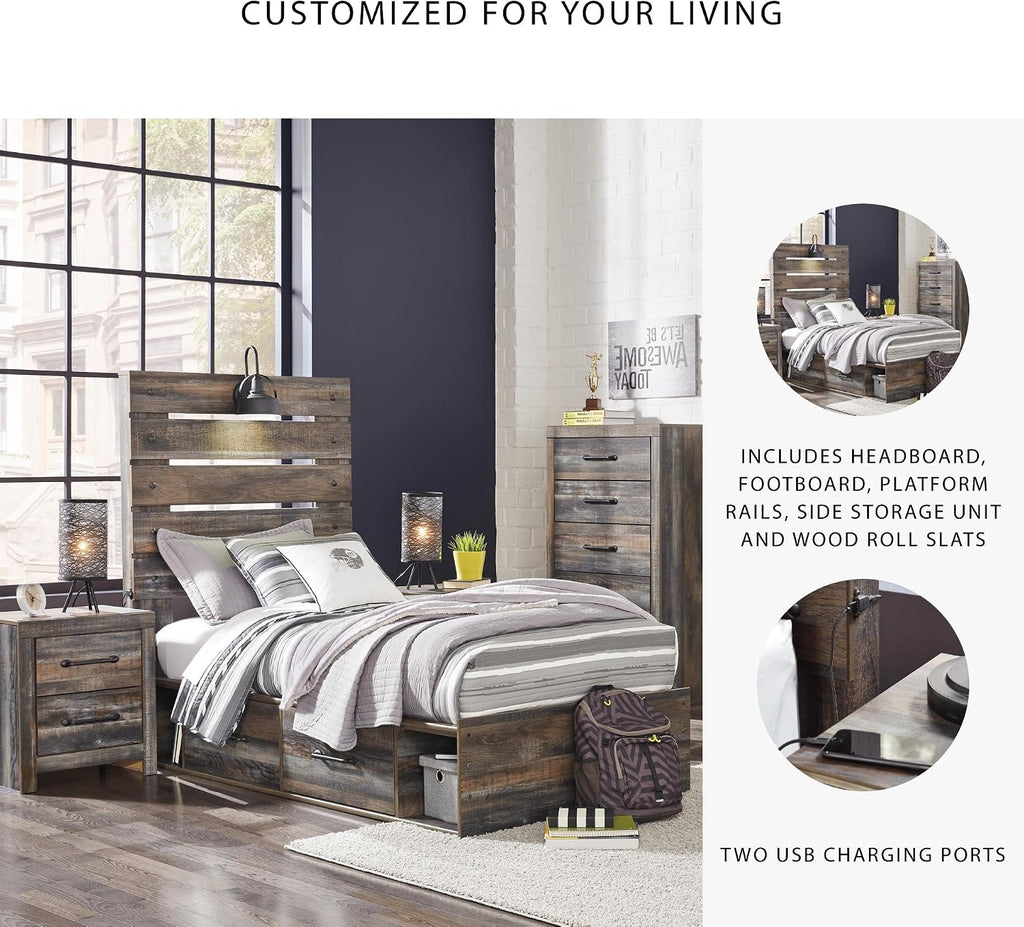 Signature Design by Ashley Drystan Rustic Twin Panel Platform Bed with 2 Storage Drawers, Open Cubbies, Sconce LED Light and USB Ports, Foundation or Box Spring Not Needed, Dark Brown & Gray