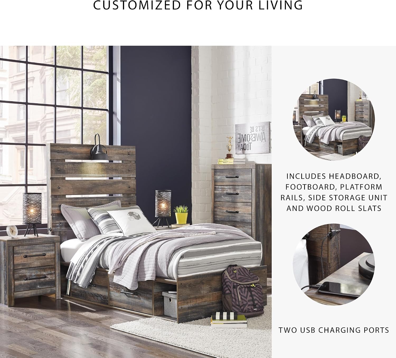 Signature Design by Ashley Drystan Rustic Twin Panel Platform Bed with 2 Storage Drawers, Open Cubbies, Sconce LED Light and USB Ports, Foundation or Box Spring Not Needed, Dark Brown & Gray