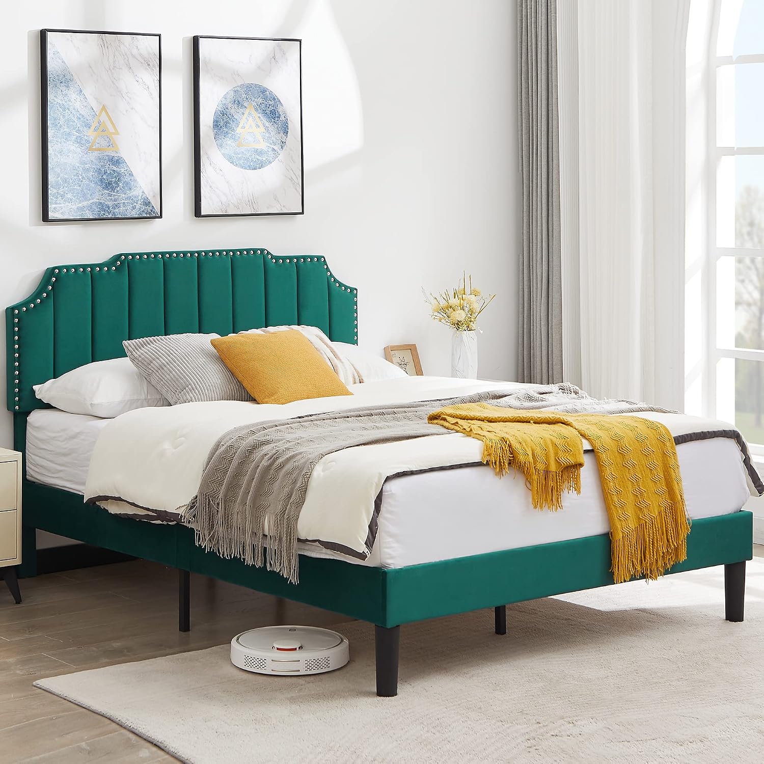 VECELO Upholstered Platform Full Bed Frame with Tufted Adjustable Headboard/Mattress Foundation/Wood Slat Support,Easy Assembly,Dark Green