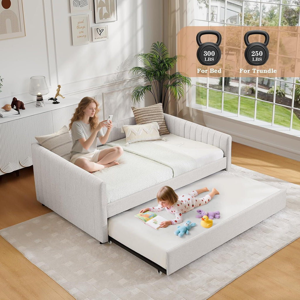 Twin to King Daybed with Trundle, USB Ports Soft Upholstered Daybed with Pop Up Trundle Bed Twin , Modern Extendable Day Bed Frame for Kids Bedroom Living Room Guest Room Small Places Linen White