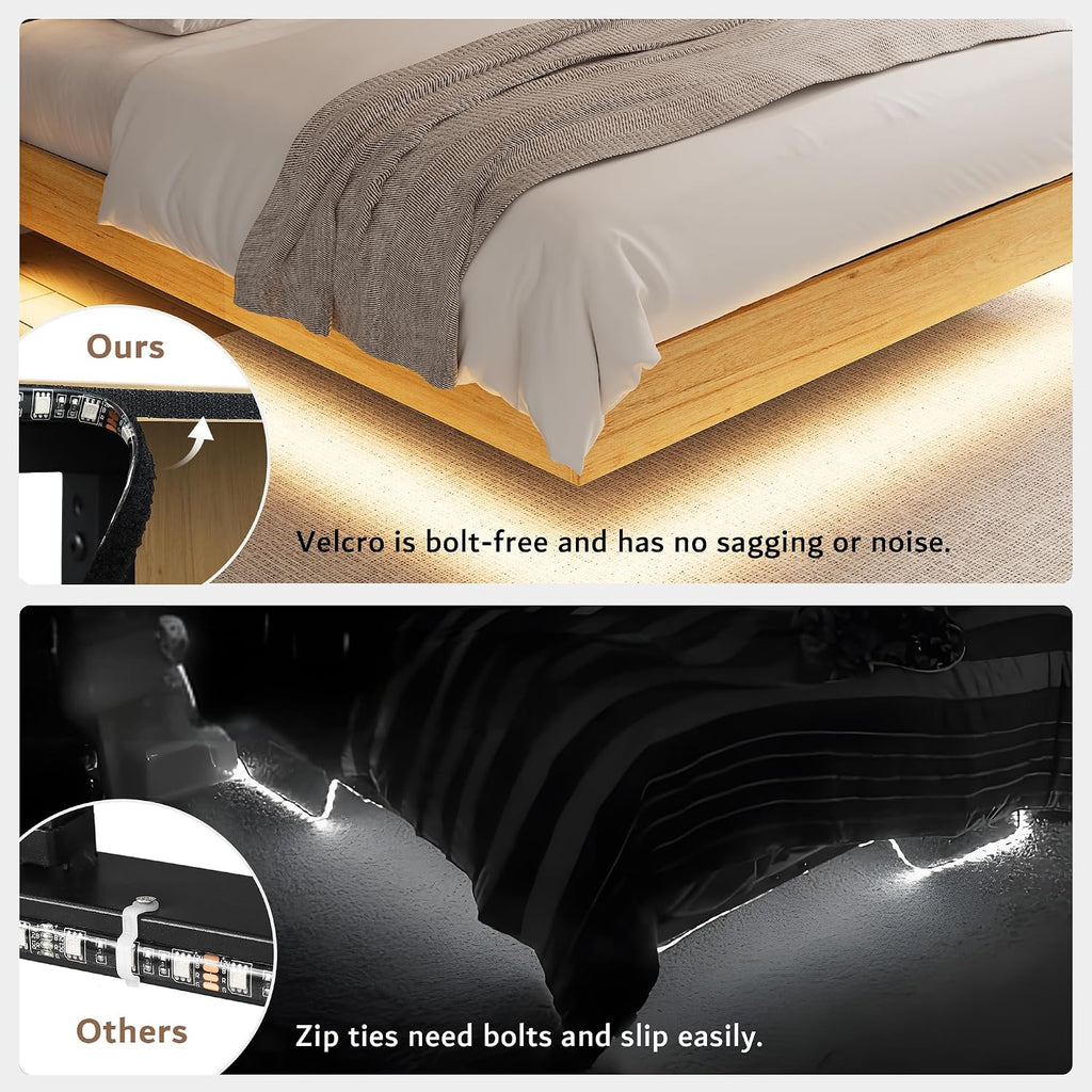 iPormis Floating Full Size Metal Bed Frame with LED Lights & Charging Station, Platform Bed with Wooden Storage Headboard, Sturdy Steel Slats, No Box Spring Needed, Easy Assembly, Noise-Free, Oak