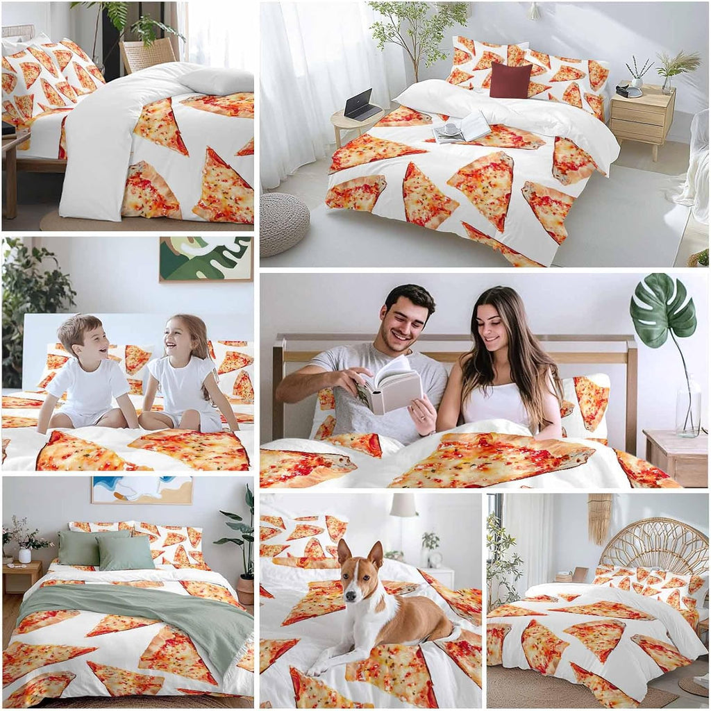 Prime Leader Realistic Food Duvet Cover Set Queen Size 4 Pieces Yummy Italy Naples Thin Crust Pizza Bedding Set with Zipper Closure, 1 Comforter Cover 92x106 Inches 1 Flat Sheet & 2 Pillow Cases