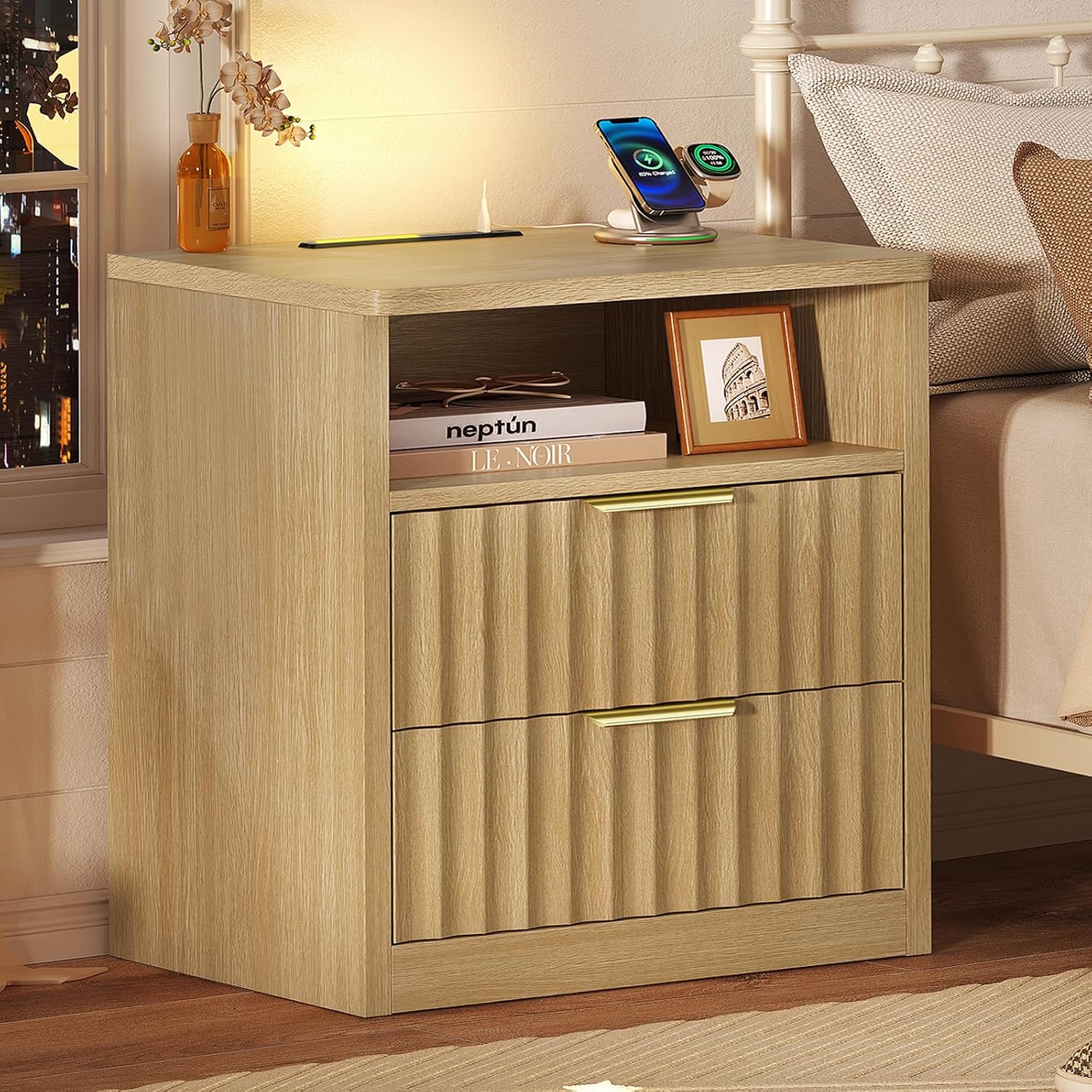 TEENFON Fluted Nightstands Set of 2, Night Stand with Charging Station and LED Light, Storage Drawer and Open Shelf, Modern Bedside Table for Small Space, for Bedroom, Natural