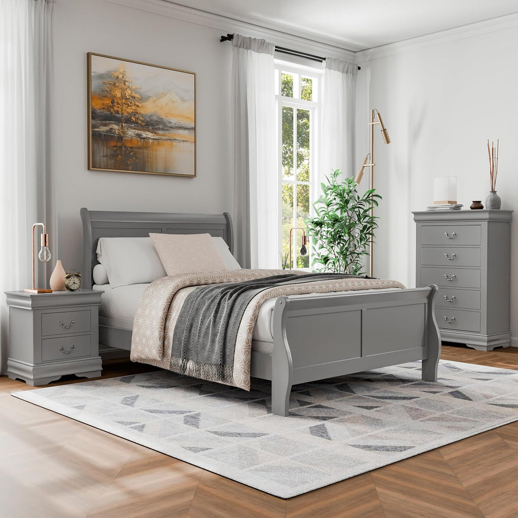 Furniture of America Louis Philippe Traditional Solid Wood 3 Piece Bedroom Set, Bed Frame, Nightstand, and Chest, Sleigh Design Bedframe with Headboard and Footboard, Box Spring Needed, Full, Gray