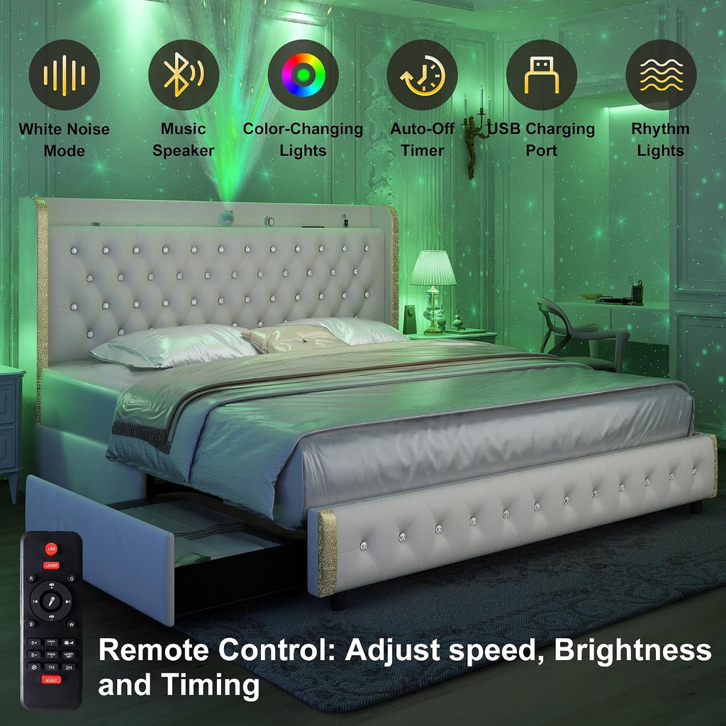 GEGOFORU Full Wingback Modern Platform Bed with Galaxy Projector, 4 Dust-Proof Storage Drawers, LED Bed Frame, USB Ports, No Box Spring Needed & Noise-Reduction Sturdy Wood Slats, Velvet Cream