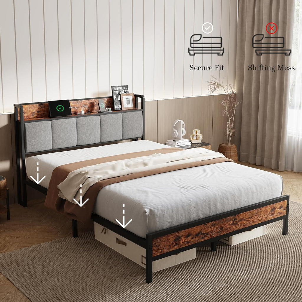 Novilla Queen Bed Frame with Charging Station USB/Type-C & Storage Headboard, Modern Metal Platform Bed Frame, Easy Assembly, Heavy Duty Slats Support, Noise Free, No Box Spring Needed