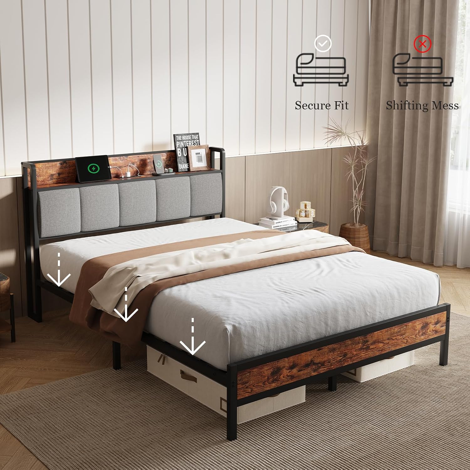 Novilla Queen Bed Frame with Charging Station USB/Type-C & Storage Headboard, Modern Metal Platform Bed Frame, Easy Assembly, Heavy Duty Slats Support, Noise Free, No Box Spring Needed