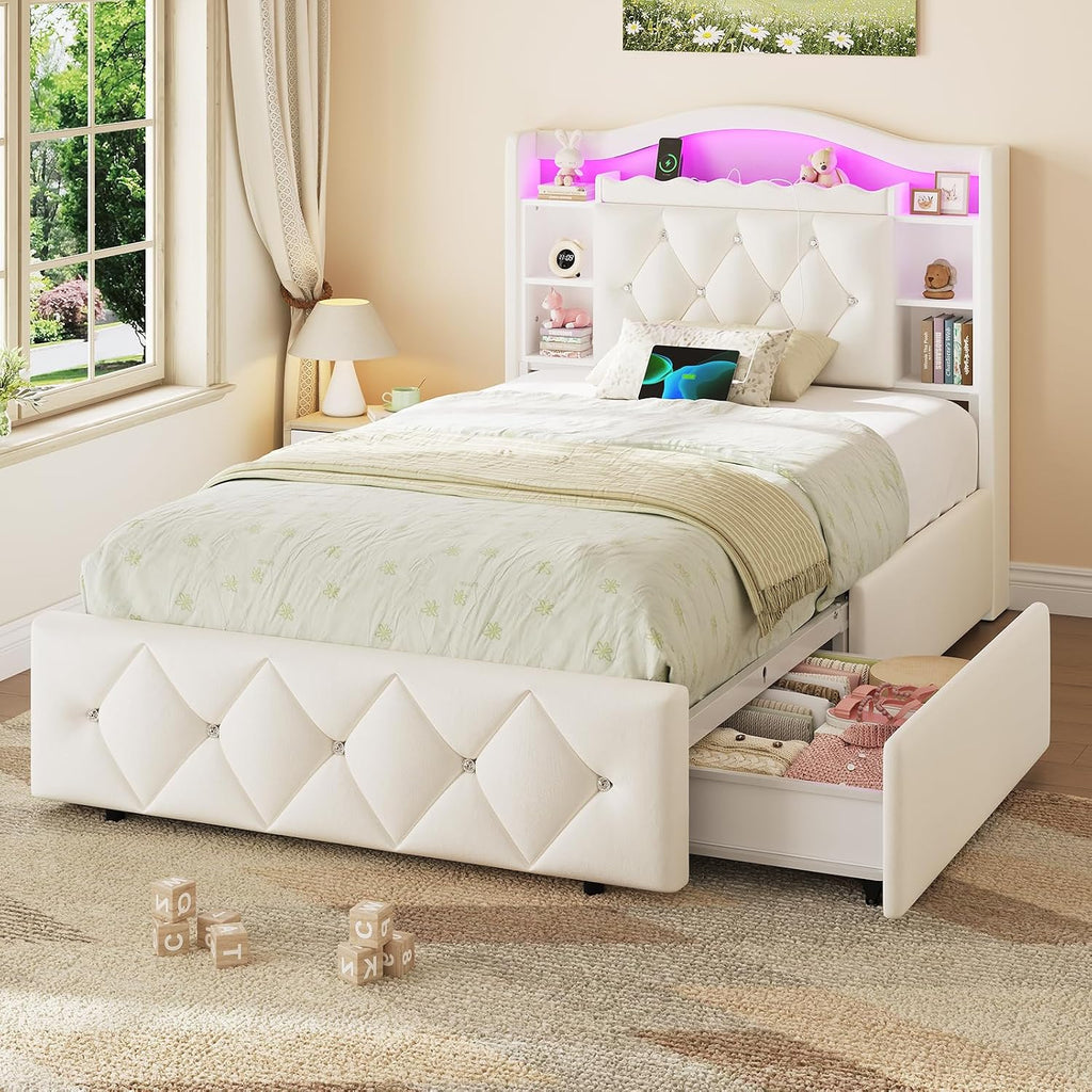 DICTAC Twin Size Bed Frame for Kids with Storage Drawers, Bookcase Headboard, LED Lights and Power Outlets, Diamond Tufted Velvet Upholstered Princess Platform Bed, Heavy-Duty Metal Support, Beige