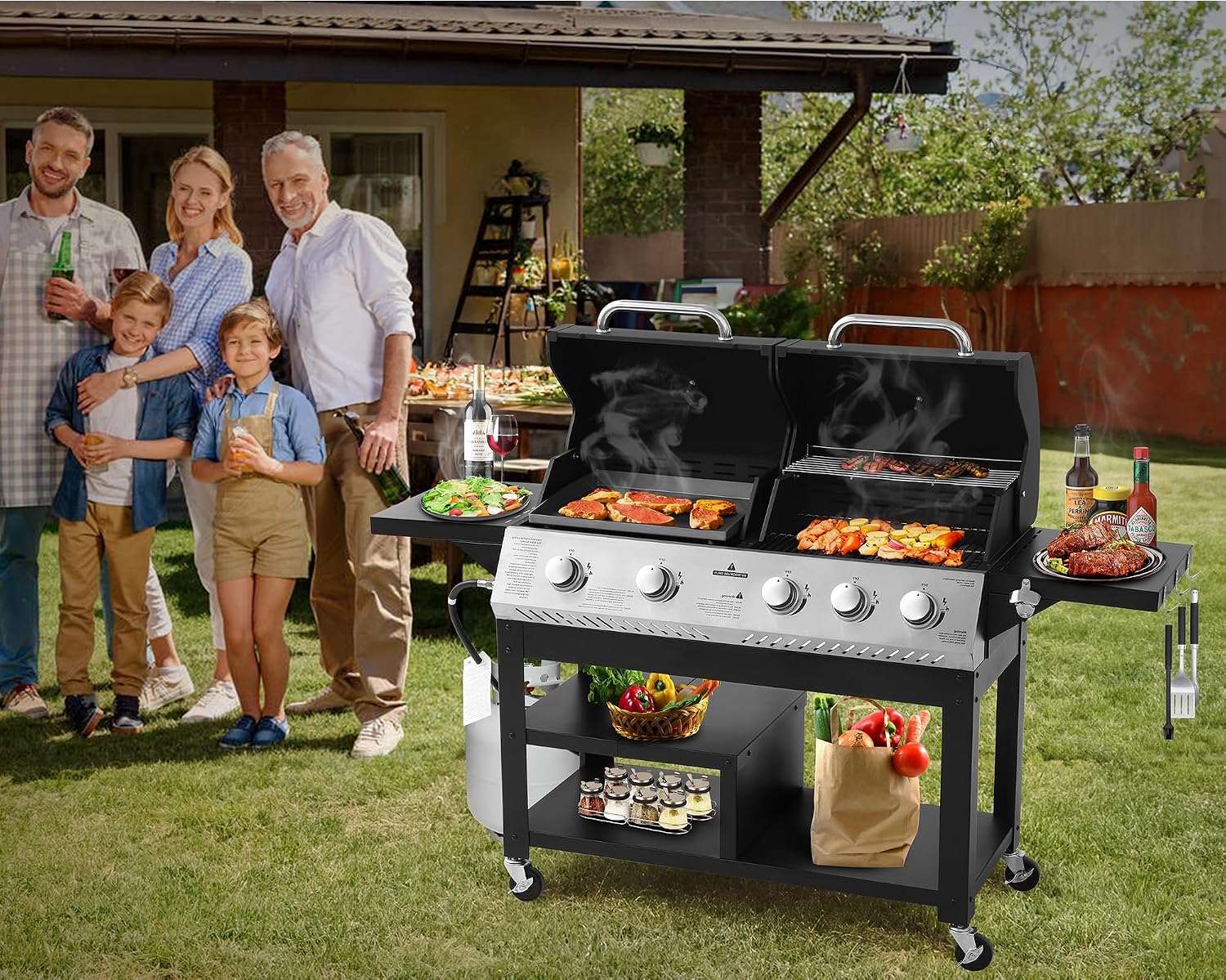 5-Burner Propane Gas Grill with Porcelain-Enameled Cast Iron Grate, Outdoor BBQ Grill 54000 BTU with 2 Side Table, Griddle Grill Combo with Hooks for Patio Garden Backyard Barbecue