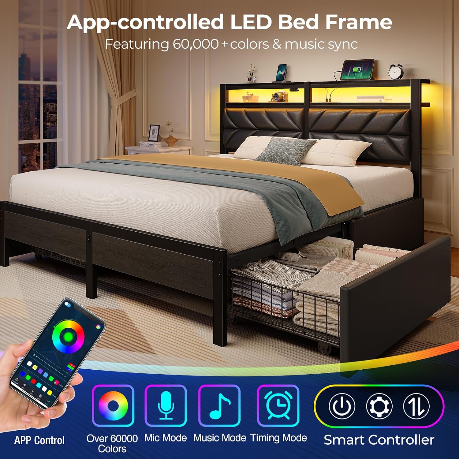 Seventable Queen Bed Frame with 4 Storage Drawers, Charging Station & LED Lights, Upholstered Headboard with 2-Tier Shelves, Metal Platform Bed, No Box Spring Needed, Noise-Free, Black