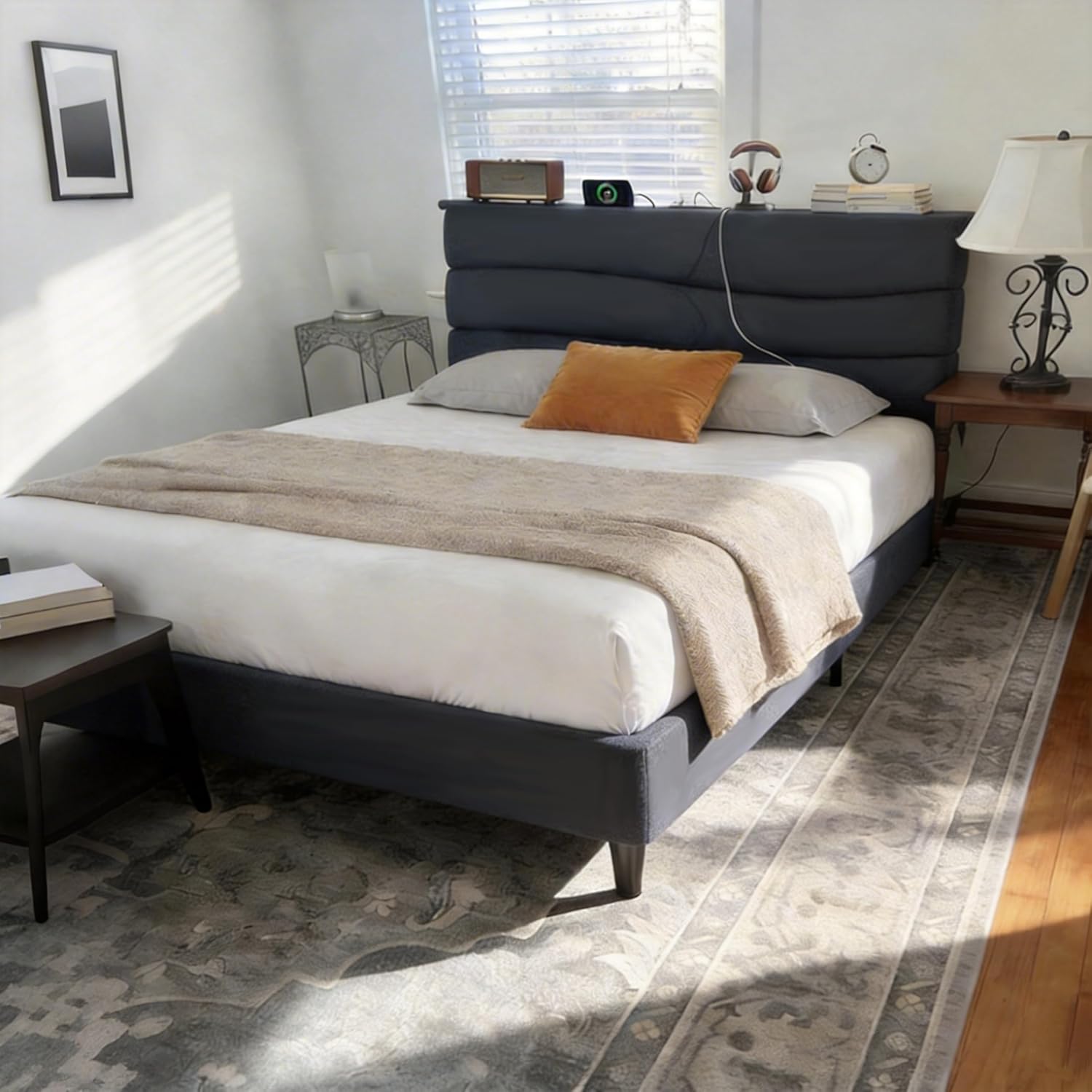 EnHomee Twin Size Bed Frame with Adjustable Height Upholstered Headboard, 3 USB Charging Ports, Noise-Free Platform Bed, No Box Spring Needed, Grey