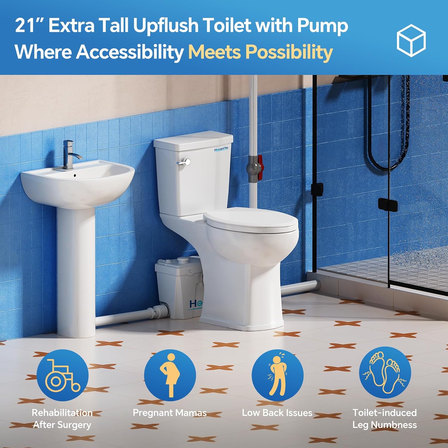 Upflush Macerating Toilet System – 21' ADA Compliant Tall Toilet with Macerator Pump Durable Copper Grinder with 4 Inlets for Basement Kitchen, Shower, Sink & Laundry, Extension Pipe Included