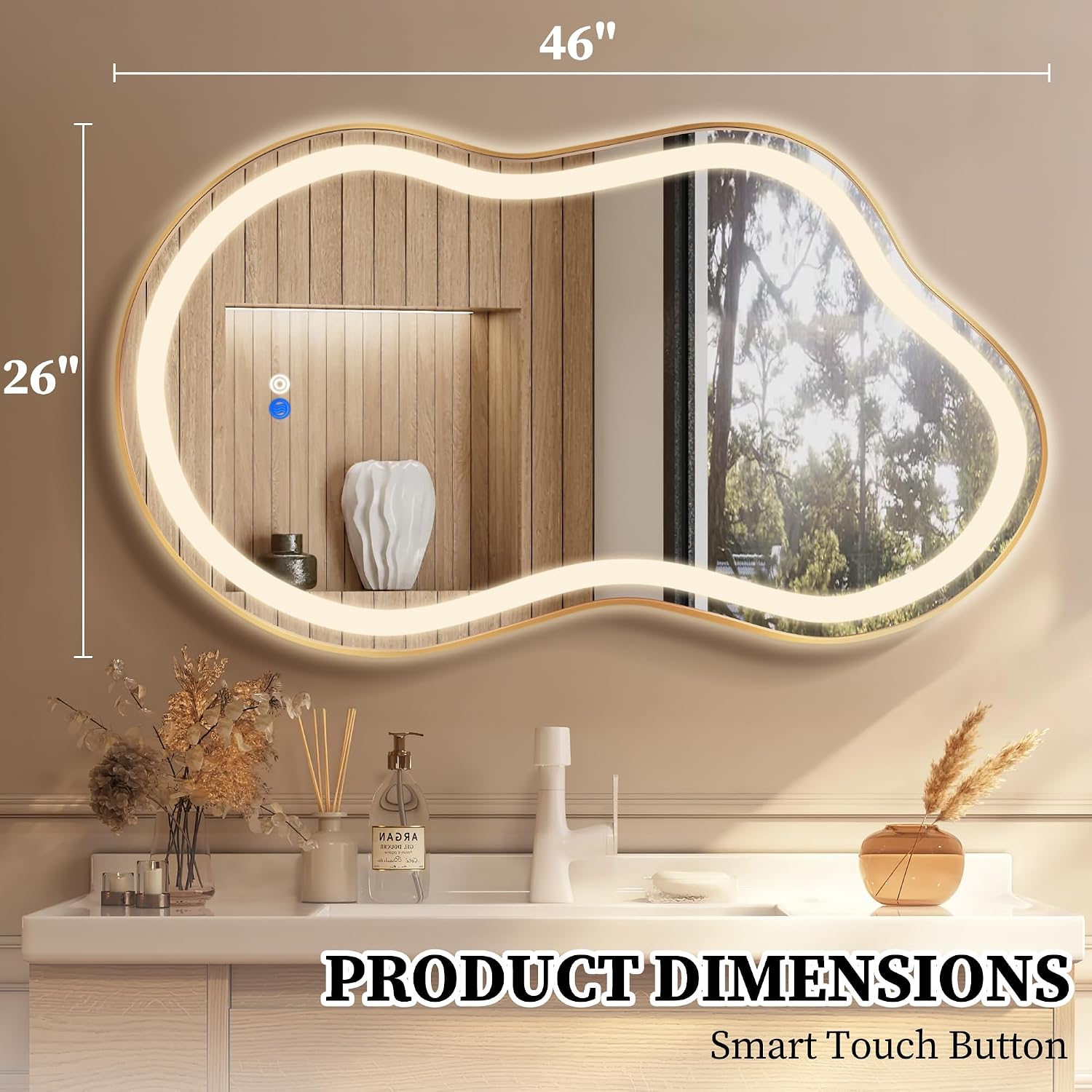 Irregular LED Bathroom Mirror with Lights, Cloud Smart Backlit Mirror, Dimmable Lighted Bathroom Gold Mirror with Anti-Fog, Asymmetrical Vanity Mirror Hangable 2 Ways (Gold, 26 x 46, 1 Pack)