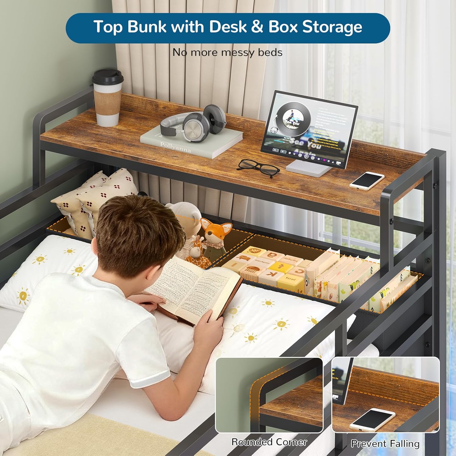 Triple Bunk Bed with Storage Drawers and Bedside Shelf, Twin Over Twin Bunk Bed for Kids/Teens with LED Lights and Charging Station, Heavy Duty Metal Bunk Beds with Safety Guardrail and Ladder, Black