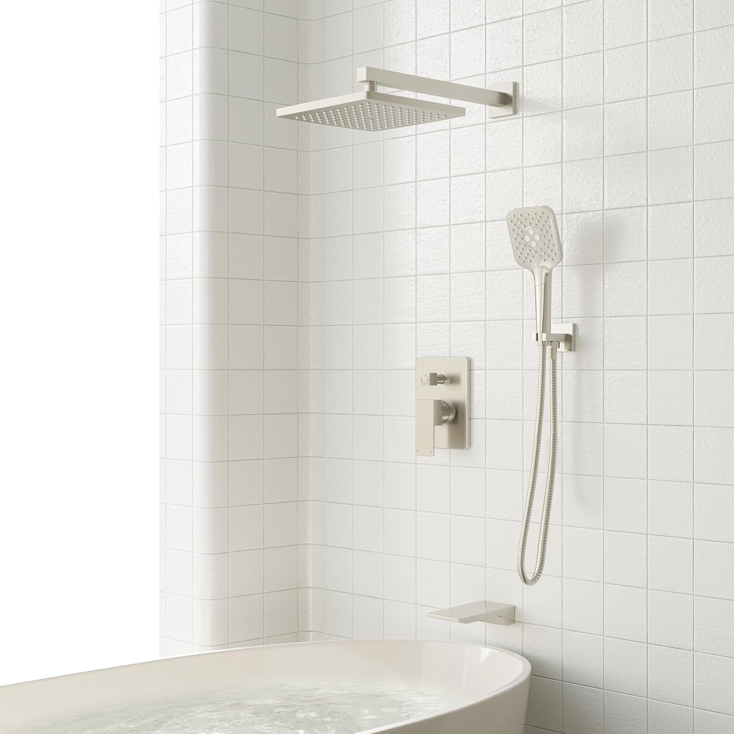Gabrylly Shower System with Tub Spout, Wall Mounted Tub Shower Faucet Set for Bathroom with High Pressure 10' Rain Shower head and 3-Setting Handheld Shower Head Set,Brushed Nickel